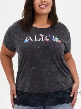 Torrid Her Universe Black Mineral-Wash ALICE Graphic Tee